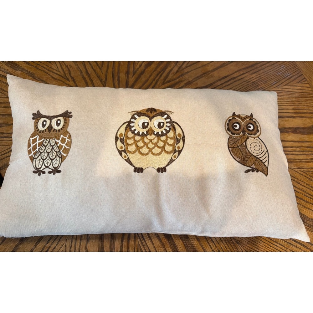 Embroidered Owl Lumbar Pillow Beige Canvas Rectangular Woodland Decor 22x13